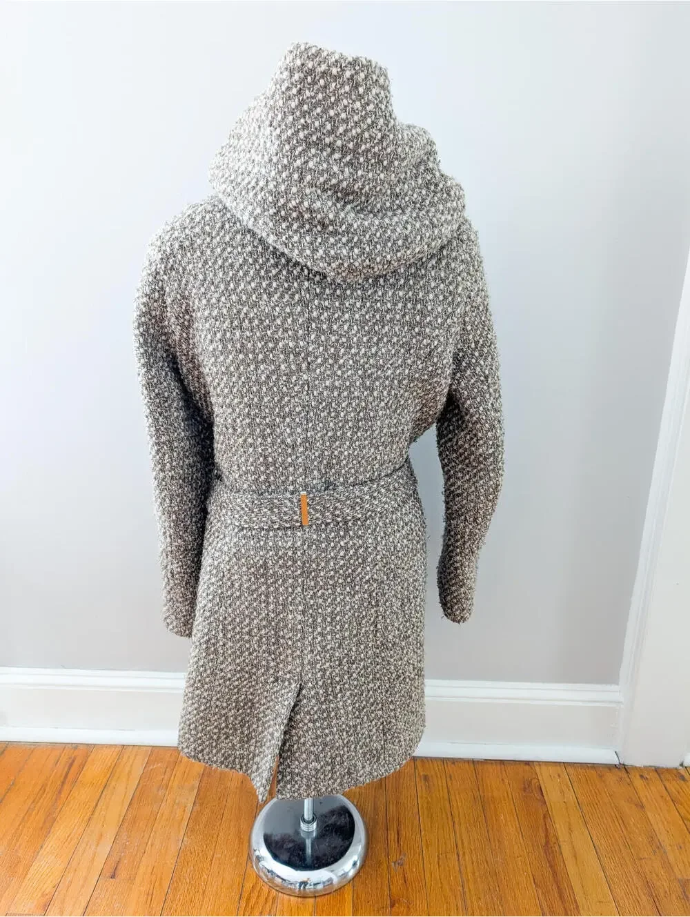 Calvin Klein Textured Knit Wool Belted Coat with High Collar
